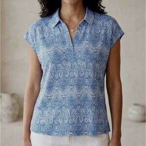 Rachel Zoe Blue White Damask Paisley 100% Linen Knit V-Neck Cap Sleeve Top XL